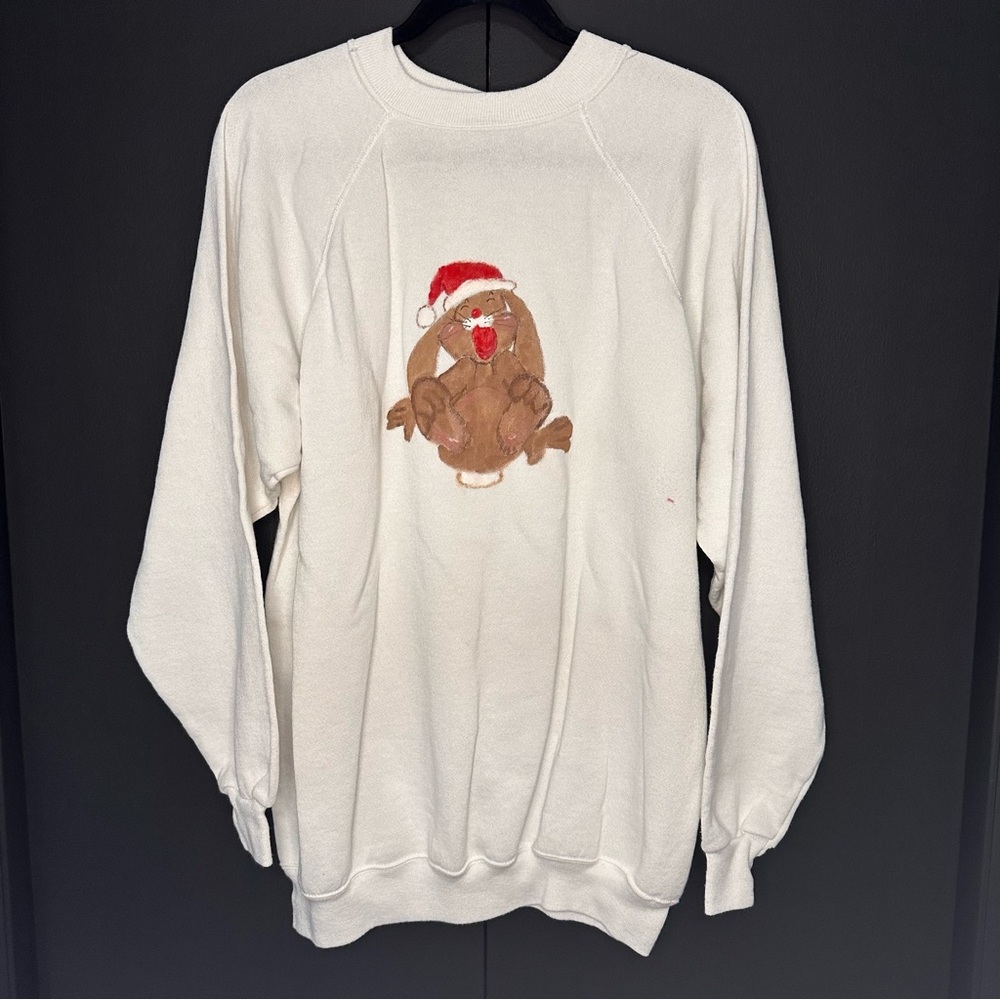 Holiday Crewneck Sweater with Christmas Rabbit Design Made in USA Size XXL